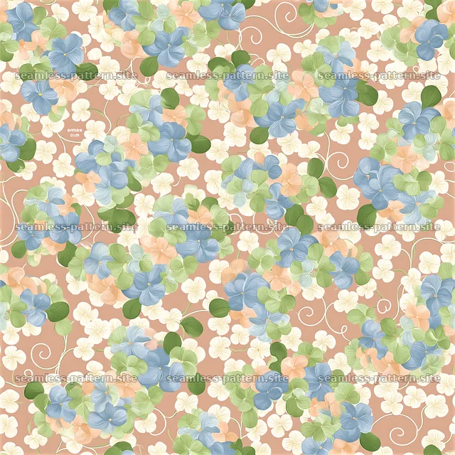 Floral design with blue, green, and peach hues on a tan background — seamless tileable pattern