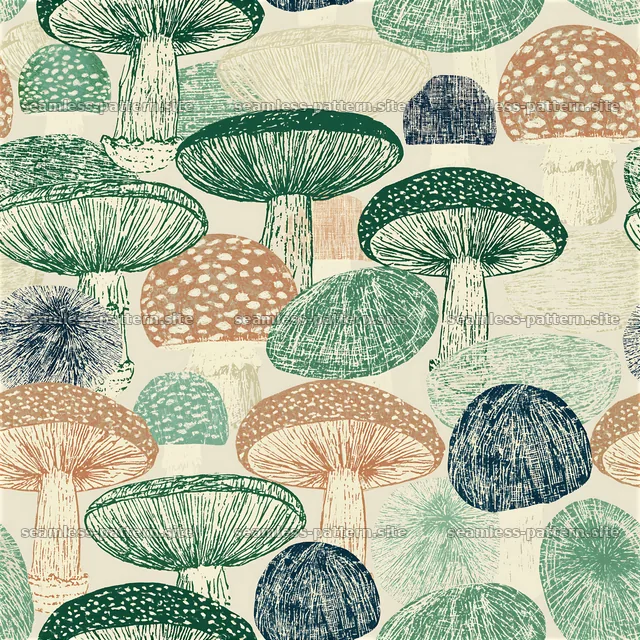 Colorful Mushroom Seamless Pattern with Hand-Drawn Texture — seamless tileable pattern