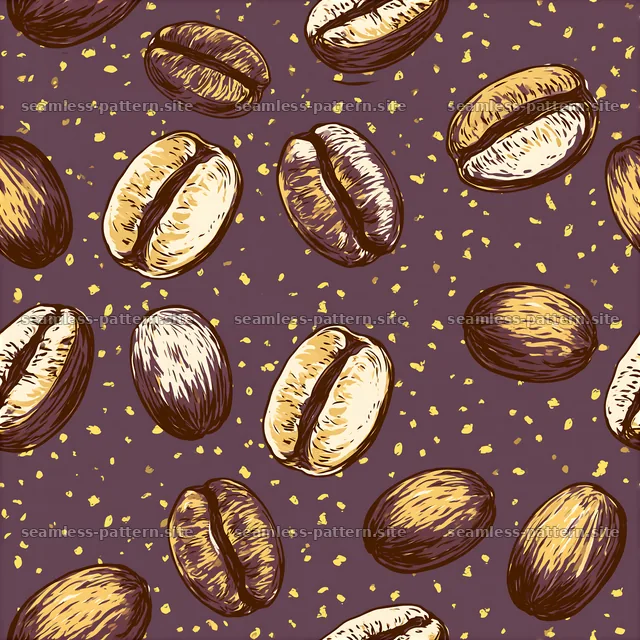 Seamless coffee bean pattern with gold specks on dark background — seamless tileable pattern