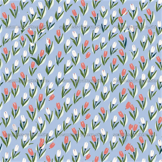 Colorful tulips scattered across a light blue background — seamless tileable pattern