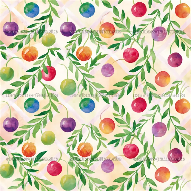 Rainbow cherries seamless pattern with colorful fruits and green — seamless tileable pattern