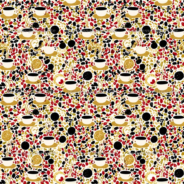 Colorful seamless pattern of coffee cups and coffee beans — seamless tileable pattern