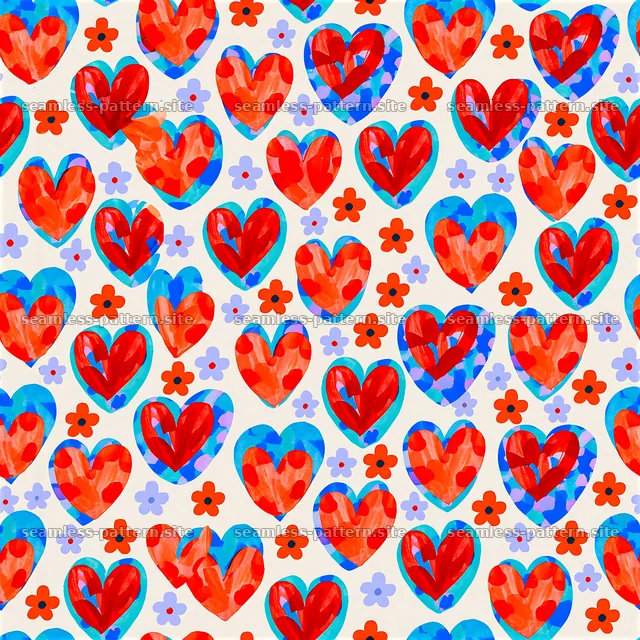 Colorful Hand Painted Hearts and Flowers Seamless Pattern — seamless tileable pattern