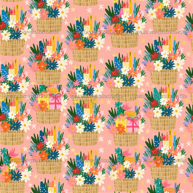 Repeat pattern with birthday gift baskets on a pink background — seamless tileable pattern