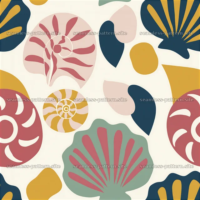 Funky shells seamless pattern with colorful shell shapes on light background — seamless tileable pattern