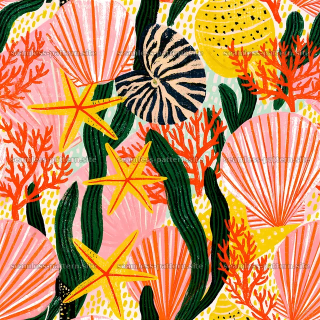 Bright shells and sea plants in a colorful seamless pattern — seamless tileable pattern