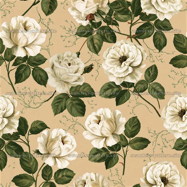Rose repeat pattern featuring white blossoms with green leaves — seamless tileable pattern