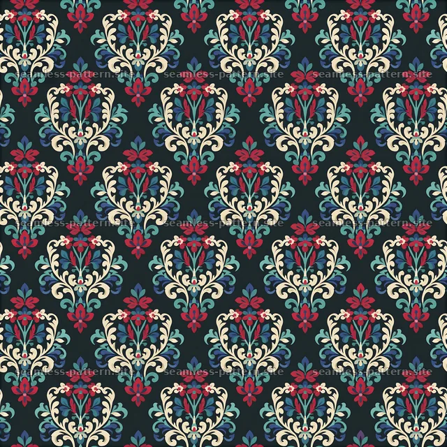 Colorful floral pattern with intricate designs and dark background — seamless tileable pattern
