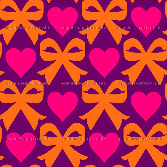 Seamless heart and ribbon pattern with bright colors on a purple background — seamless tileable pattern