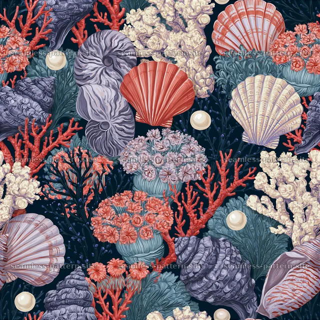 Colorful gouache seamless pattern with shells and coral in deep colors — seamless tileable pattern