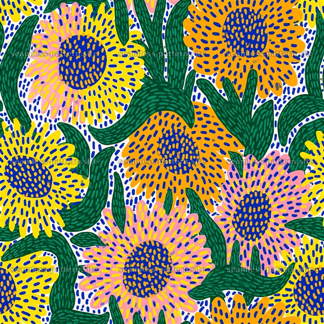 Bright flower design with a mix of sunflowers and green leaves — seamless tileable pattern