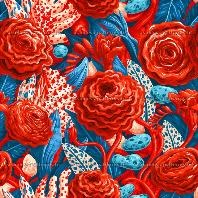 Bold red floral and blue botanical seamless pattern — seamless tileable pattern
