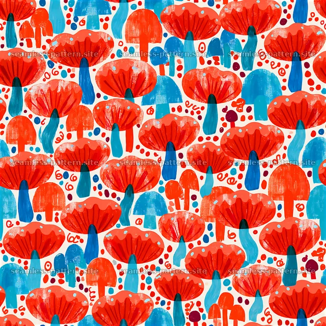 Funky mushrooms seamless pattern in red and blue — seamless tileable pattern