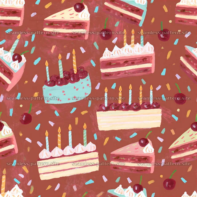 Colorful cake seamless pattern with cherries and candles — seamless tileable pattern