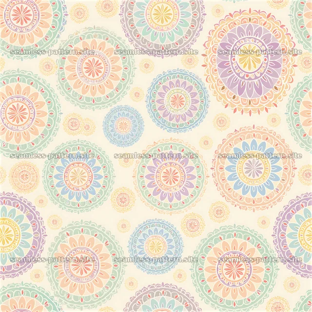 Colorful seamless pattern of mandalas in pastel shades — seamless tileable pattern