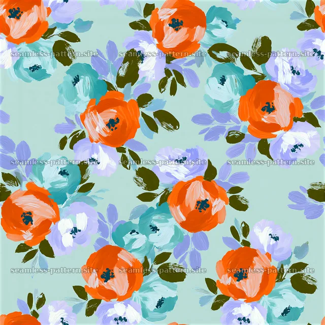 Painted flower seamless texture with orange and blue floral elements — seamless tileable pattern
