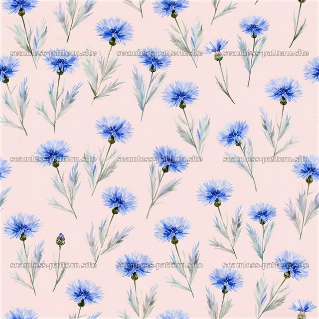 Repeating watercolor cornflower pattern on soft pink background — seamless tileable pattern
