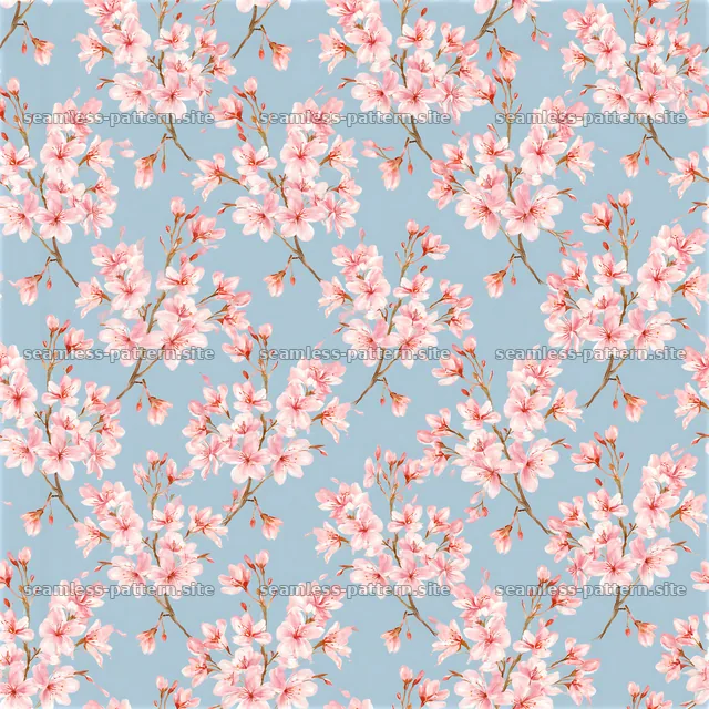 Seamless watercolor cherry blossom pattern with pink flowers on blue — seamless tileable pattern