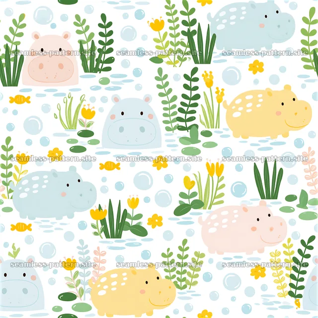 Cute hippos in water with plants seamless pattern design — seamless tileable pattern