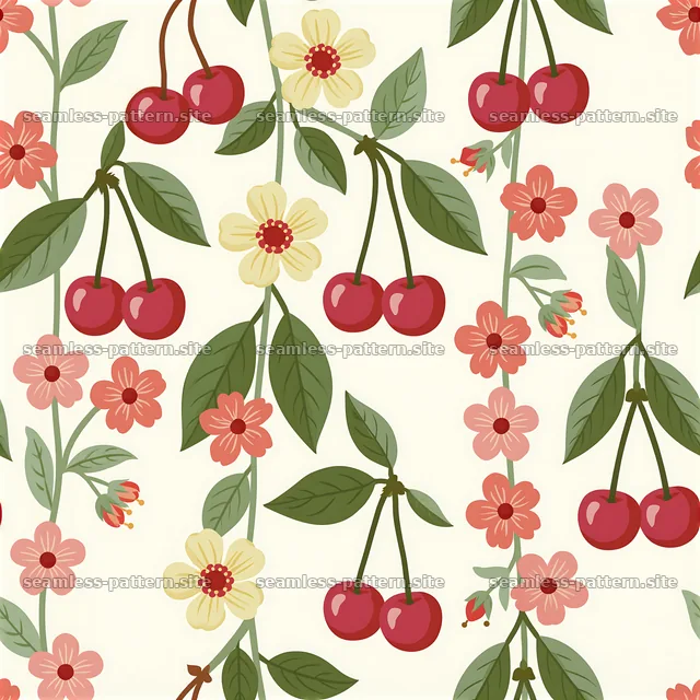 Cute cherry seamless pattern with flowers and leaves on light — seamless tileable pattern