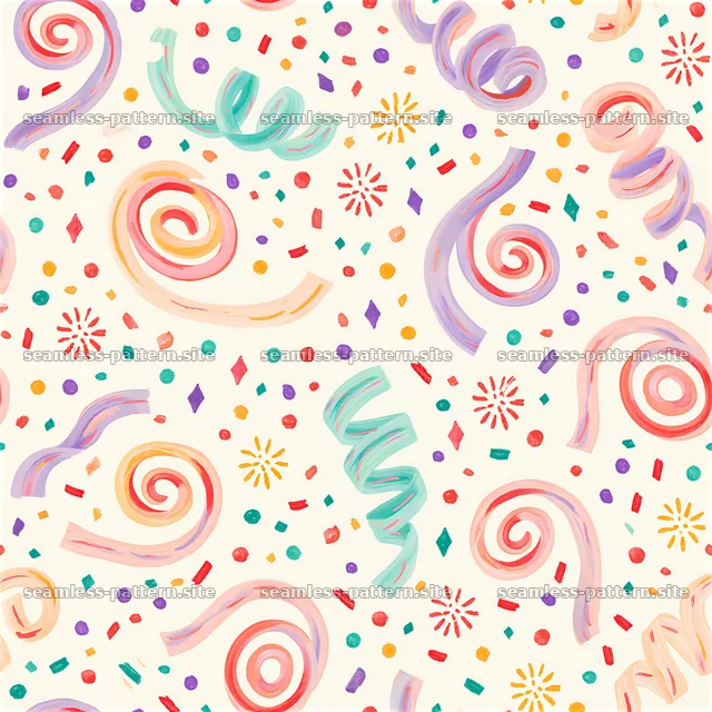 Colorful party seamless pattern with spirals and confetti in bright — seamless tileable pattern