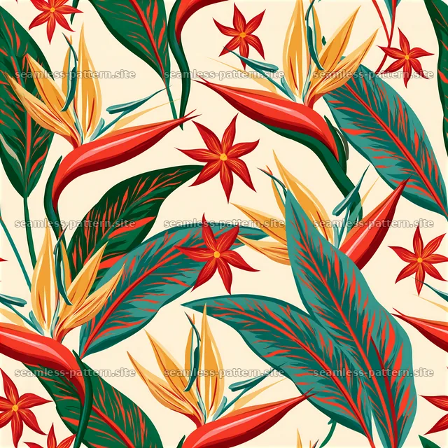 Tropical Bird of Paradise Flower and Leaf Pattern — seamless tileable pattern