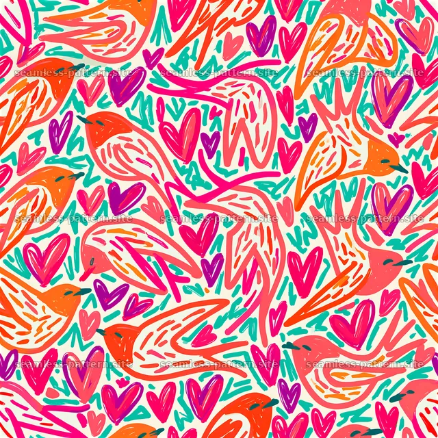 Colorful seamless heart and bird pattern with playful motifs — seamless tileable pattern