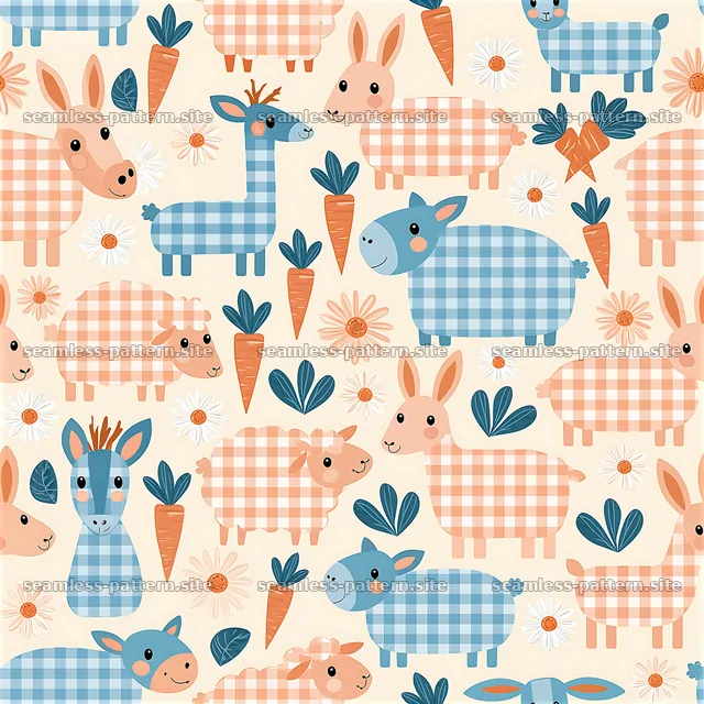 Animals in gingham pattern with carrots and flowers — seamless tileable pattern