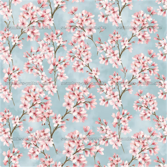 Seamless watercolor cherry blossom pattern on light blue background — seamless tileable pattern