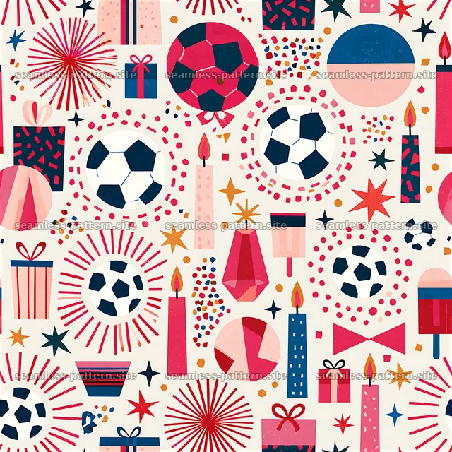 Colorful pattern featuring soccer balls, gifts, and candles — seamless tileable pattern