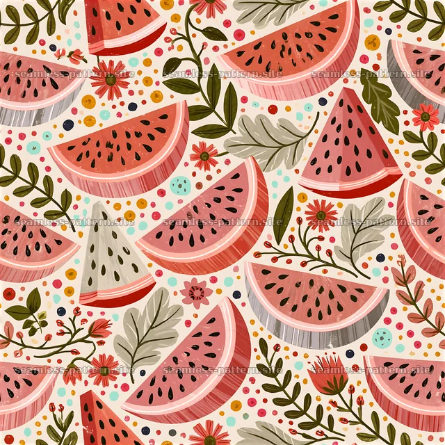 Watermelon slices and flowers in a seamless pattern design — seamless tileable pattern