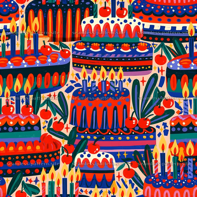 Colorful birthday cake and candle seamless pattern — seamless tileable pattern