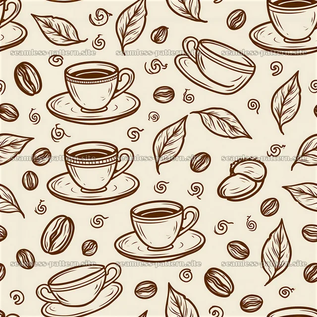 Brown line art coffee seamless pattern with cups and leaves — seamless tileable pattern