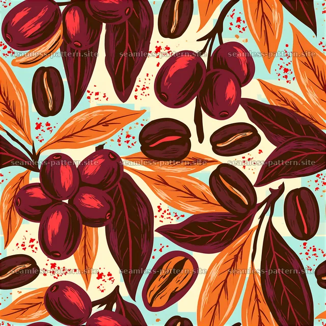 Seamless coffee packaging pattern with coffee beans and leaves — seamless tileable pattern