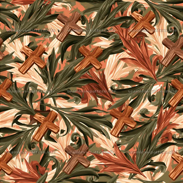 Wooden Crosses and Tropical Leaves Seamless Pattern — seamless tileable pattern