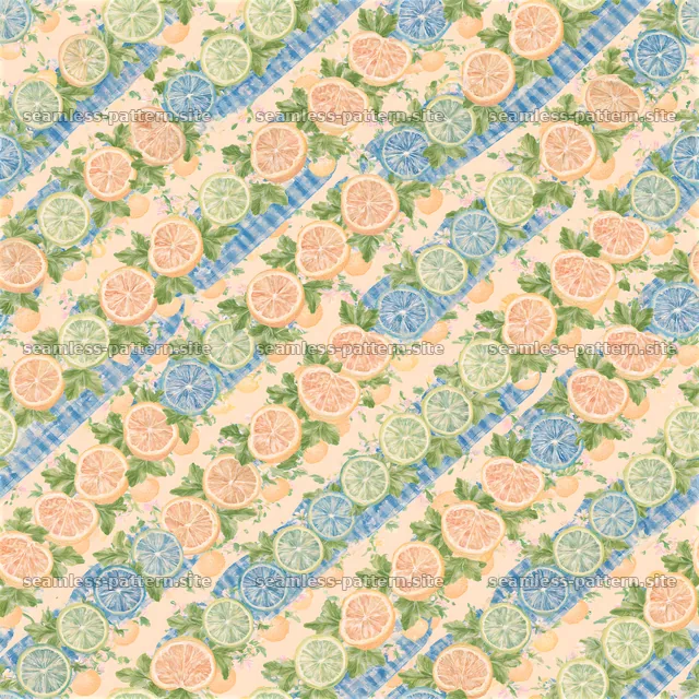 Lemon and lime slices with blue stripes and green leaves — seamless tileable pattern