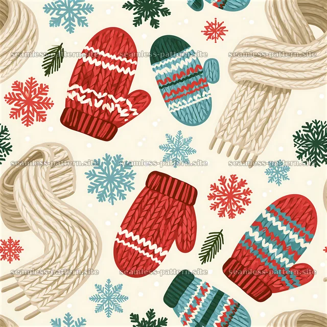 Seamless Christmas Wallpaper Pattern with Mittens and Snowflakes — seamless tileable pattern