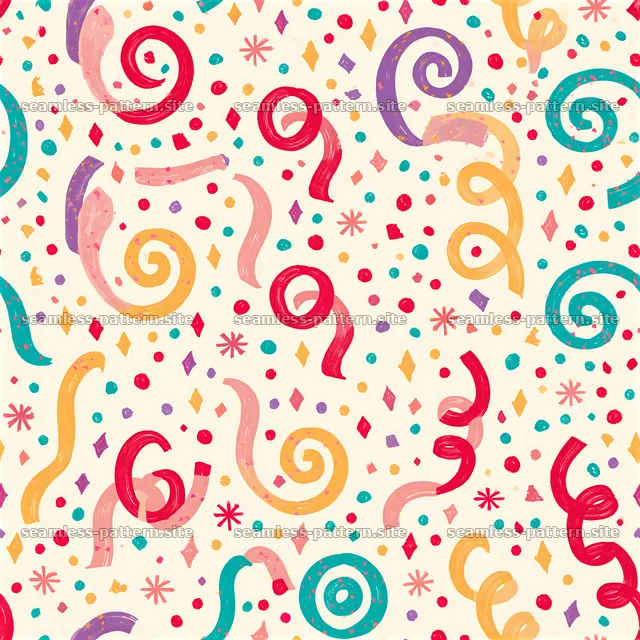 Colorful party seamless pattern featuring confetti and spirals — seamless tileable pattern