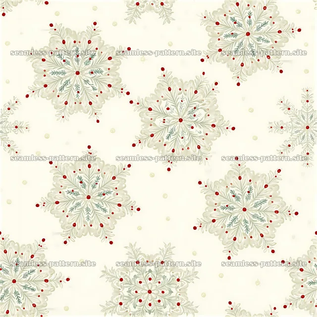Seamless festive snowflake pattern with red accents and green details — seamless tileable pattern