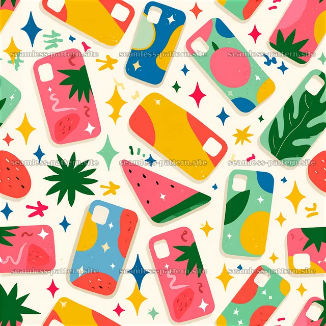Colorful phone case pattern with fruit and shapes — seamless tileable pattern