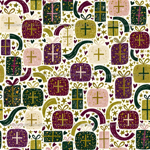 Colorful seamless pattern featuring various birthday gifts — seamless tileable pattern