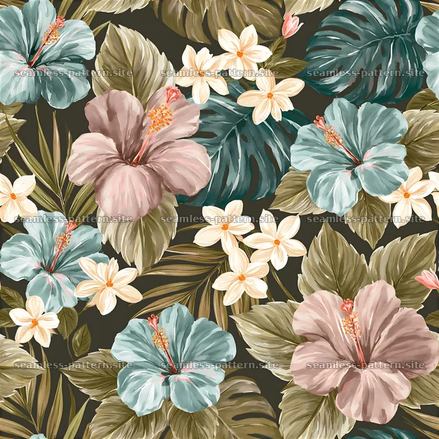 Tropical flower tileable pattern with hibiscus and foliage — seamless tileable pattern
