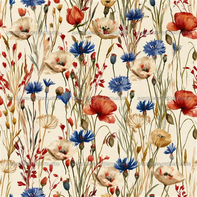 Watercolor floral repeating pattern with colorful wildflowers — seamless tileable pattern