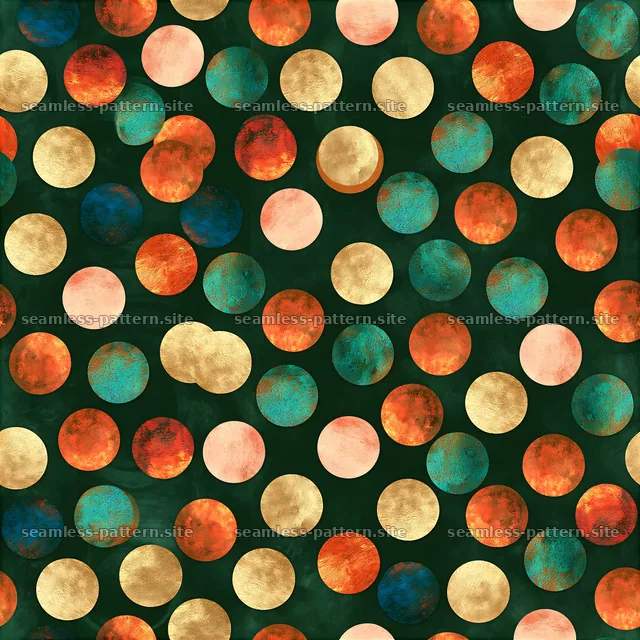 Colorful polka dot pattern with gold on a dark background — seamless tileable pattern