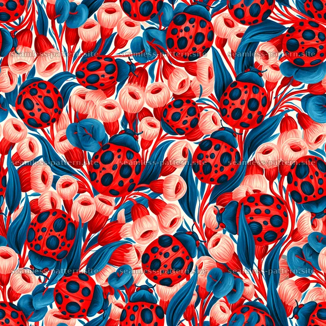 Vibrant ladybug and floral seamless pattern — seamless tileable pattern