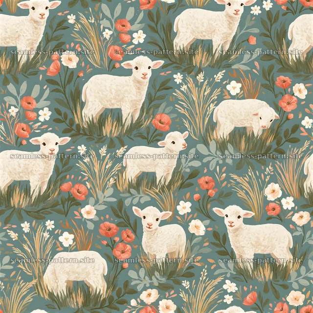 Lambs and Wildflowers Seamless Pattern — seamless tileable pattern