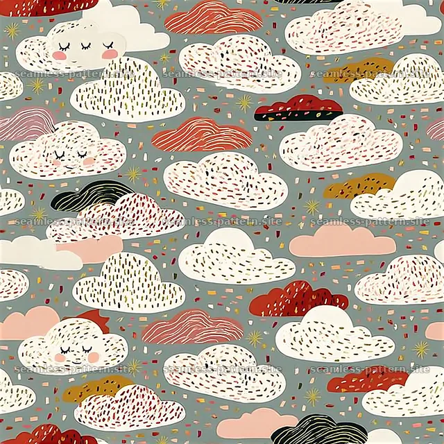 Colorful pattern of clouds with cute faces on a gray background — seamless tileable pattern