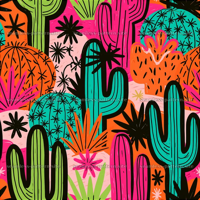Colorful desert plants seamless pattern with vibrant motifs — seamless tileable pattern
