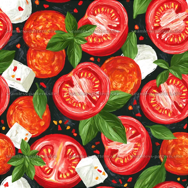 Seamless tomato, basil and mozzarella ingredients pattern — seamless tileable pattern