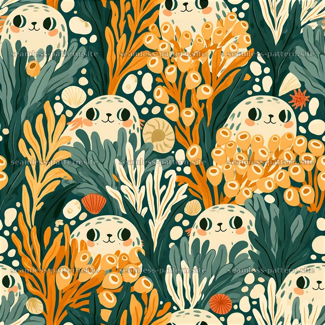 Cute Seal and Coral Underwater Seamless Pattern — seamless tileable pattern